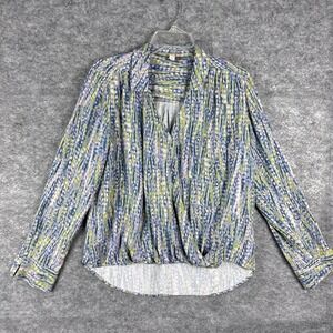 Pilcro Women Top Medium Blue Faux Wrap Blouse Abstract Long Sleeve Anthropologie